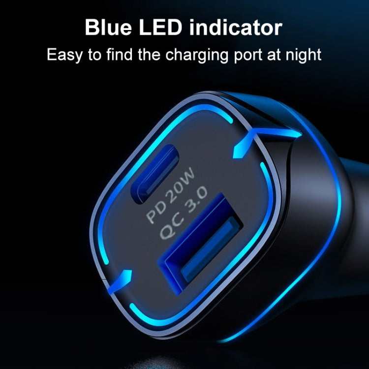 QC USB + USB-C / Type-C Dual Ports Fast Charging Car Charger with Luminous Aperture(White)