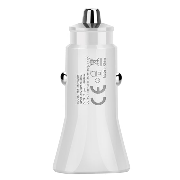 YSY-313PD20W QC3.0 USB + PD 20W USB-C / Type-C Triangle Dual Ports Fast Charging Car Charger(White)