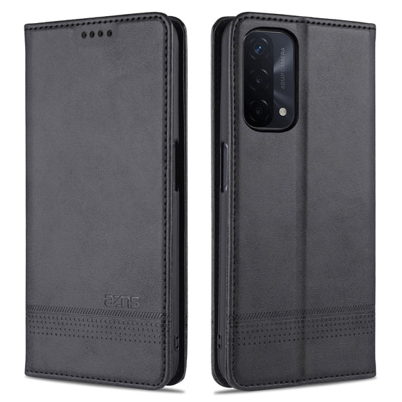 For OPPO A74 (5G) AZNS Magnetic Calf Texture Horizontal Flip Leather Case with Card Slots & Holder & Wallet(Black)