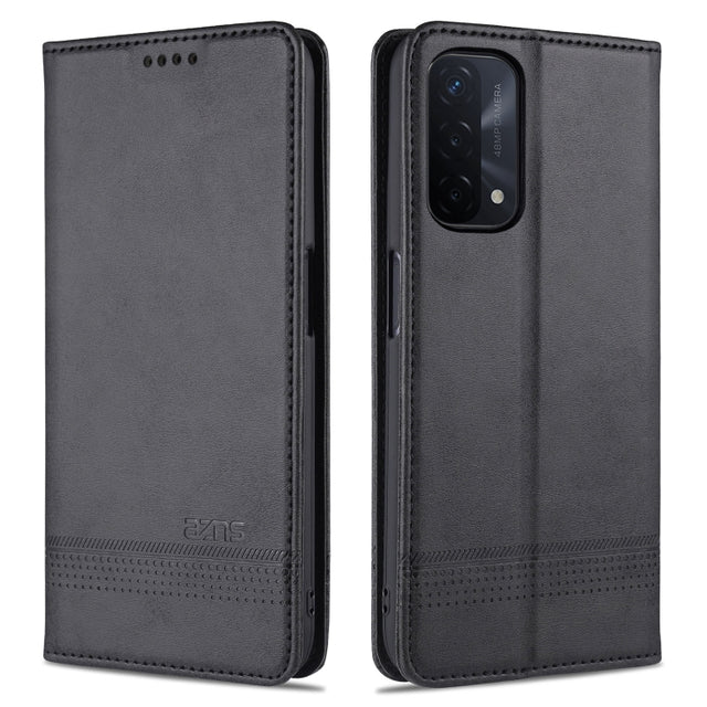 For OPPO A74 (5G) AZNS Magnetic Calf Texture Horizontal Flip Leather Case with Card Slots & Holder & Wallet(Black)