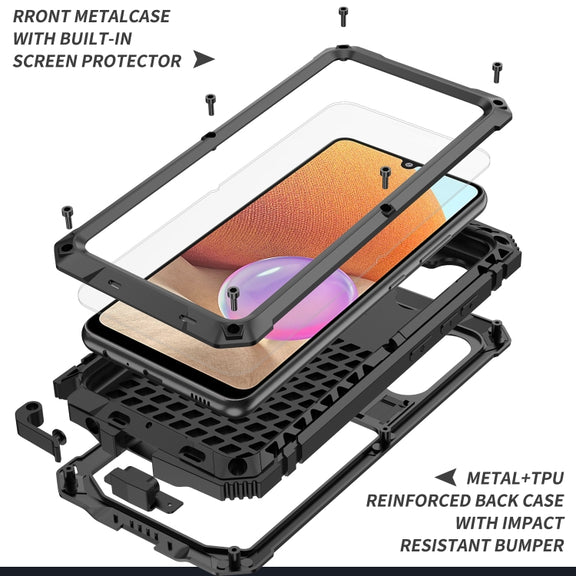 For Samsung Galaxy A32 4G R-JUST Water-resistant Shockproof Dustproof Metal + Silicone Protective Case with Holder(Black)