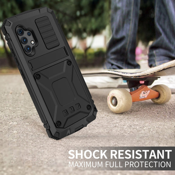 For Samsung Galaxy A32 4G R-JUST Water-resistant Shockproof Dustproof Metal + Silicone Protective Case with Holder(Black)