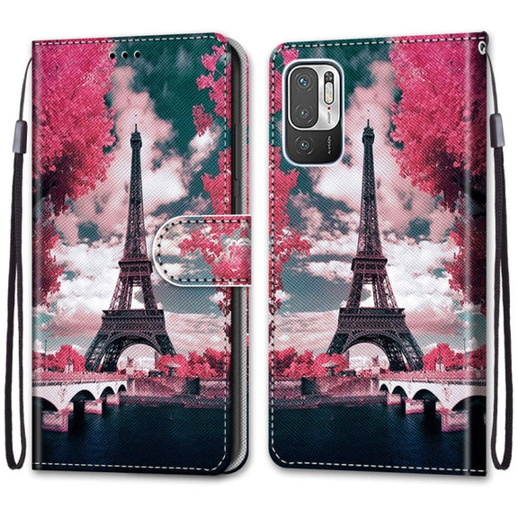 For Xiaomi Redmi Note 10 5G Coloured Drawing Cross Texture Horizontal Flip PU Leather Case with Holder & Card Slots & Wallet & Lanyard(Pink Flower Tower Bridge)