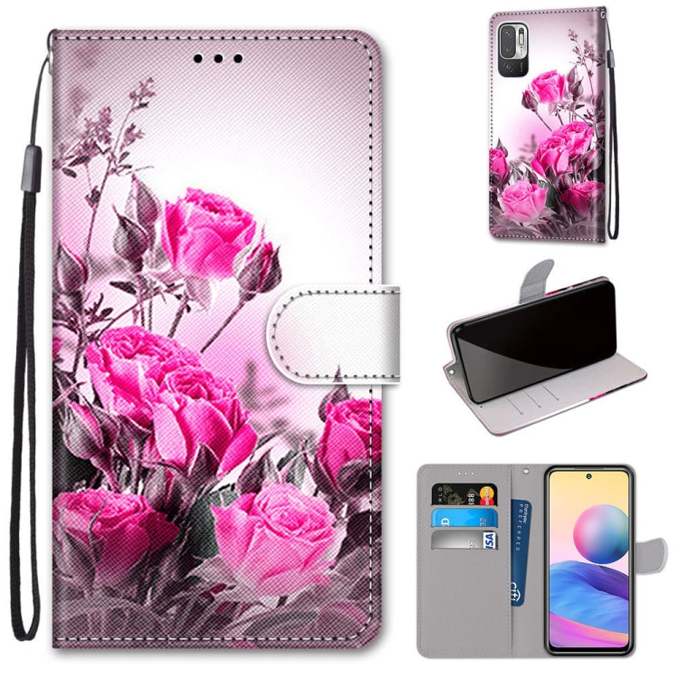 For Xiaomi Redmi Note 10 5G Coloured Drawing Cross Texture Horizontal Flip PU Leather Case with Holder & Card Slots & Wallet & Lanyard(Wild Rose) - free shipping - PMC TechLife - Order now!