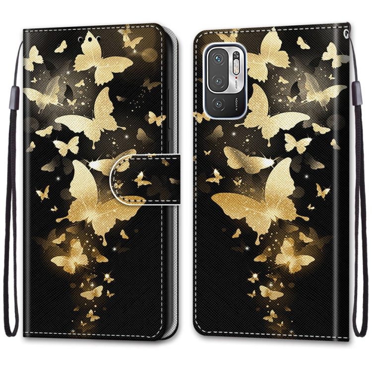 For Xiaomi Redmi Note 10 5G Coloured Drawing Cross Texture Horizontal Flip PU Leather Case with Holder & Card Slots & Wallet & Lanyard(Golden Butterfly Group)