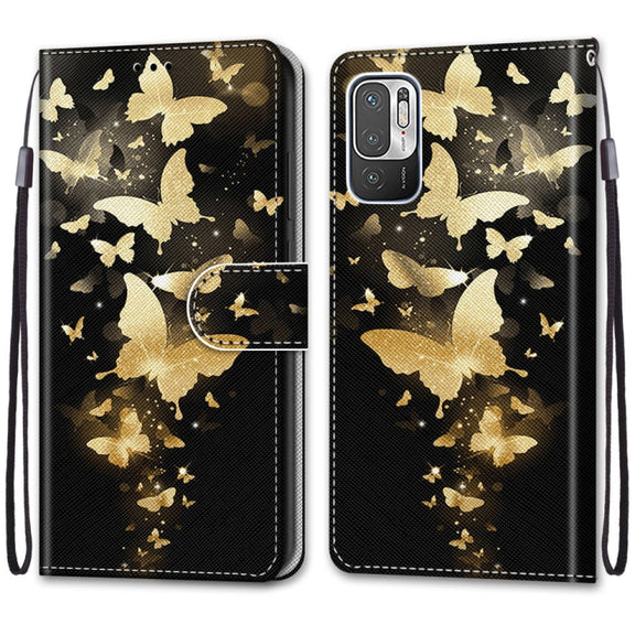 For Xiaomi Redmi Note 10 5G Coloured Drawing Cross Texture Horizontal Flip PU Leather Case with Holder & Card Slots & Wallet & Lanyard(Golden Butterfly Group)