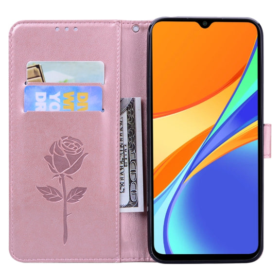 For Xiaomi Poco M3 Rose Embossed Horizontal Flip PU Leather Case with Holder & Card Slots & Wallet(Rose Gold)