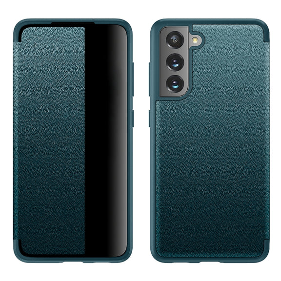 For Samsung Galaxy S21 FE Shockproof Horizontal Flip Plain Leather Phone Case(Green)