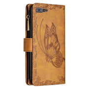 For iPhone 8 Plus / 7 Plus Flying Butterfly Embossing Pattern Zipper Horizontal Flip Leather Case with Holder & Card Slots & Wallet(Brown)