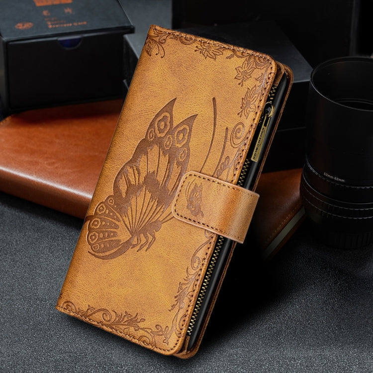For iPhone 8 Plus / 7 Plus Flying Butterfly Embossing Pattern Zipper Horizontal Flip Leather Case with Holder & Card Slots & Wallet(Brown)