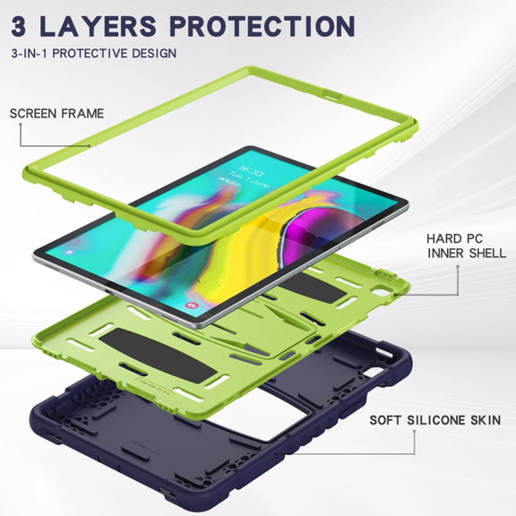 3-Layer Protection Screen Frame + PC + Silicone Shockproof Combination Case with Holder For Samsung Galaxy Tab S5e T720(Navy Blue + Lime)