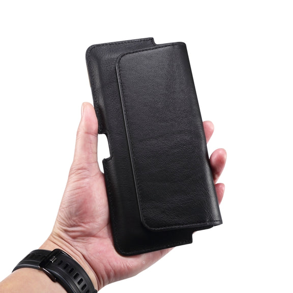 Universal Cow Leather Horizontal Mobile Phone Leather Case Waist Bag For 6.7 inch and Below Phones(Black)