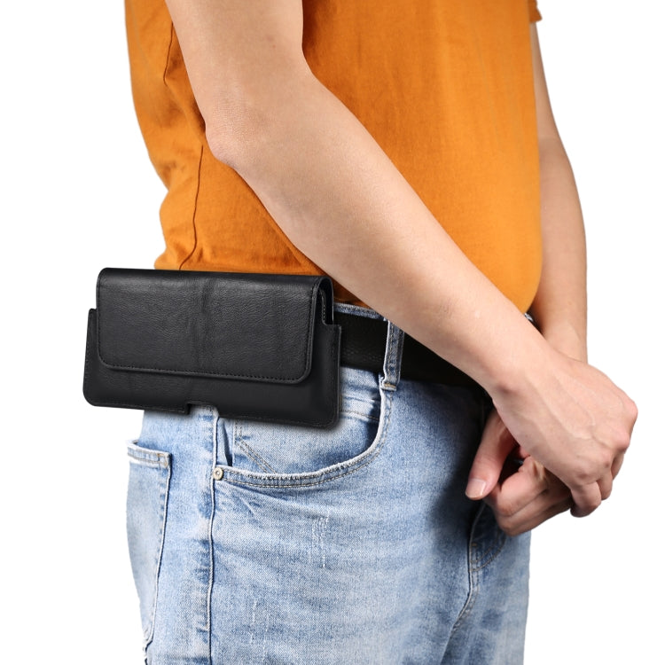 Universal Cow Leather Horizontal Mobile Phone Leather Case Waist Bag For 6.7 inch and Below Phones(Black)