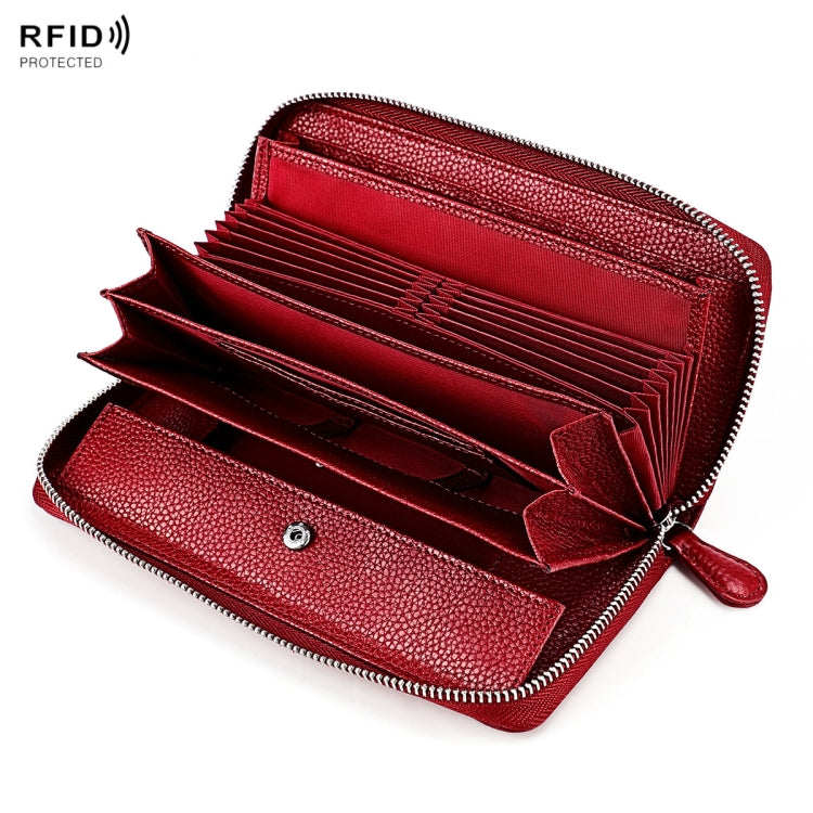 RFID Lychee Texture Fashion Organ Clutch Ladies Zipper Long Change Bag(Red Wine)