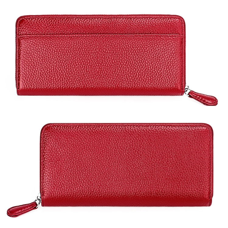RFID Lychee Texture Fashion Organ Clutch Ladies Zipper Long Change Bag(Red Wine)