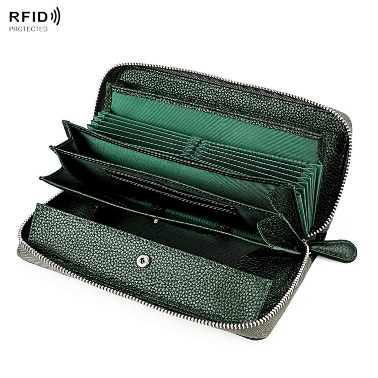 RFID Lychee Texture Fashion Organ Clutch Ladies Zipper Long Change Bag(ArmyGreen)