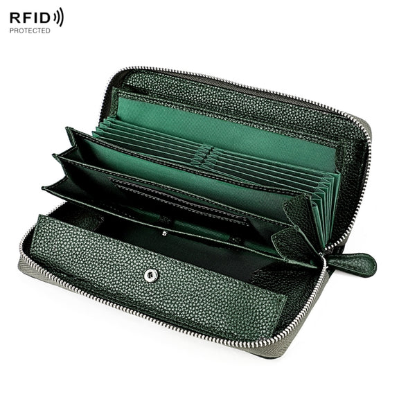 RFID Lychee Texture Fashion Organ Clutch Ladies Zipper Long Change Bag(ArmyGreen)
