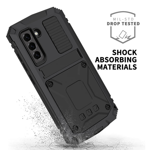 For Samsung Galaxy S21 FE R-JUST Shockproof Water-resistant Dust-proof Metal + Silicone Protective Case with Holder(Black)