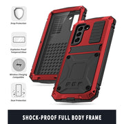 For Samsung Galaxy S21 FE R-JUST Shockproof Water-resistant Dust-proof Metal + Silicone Protective Case with Holder(Red)