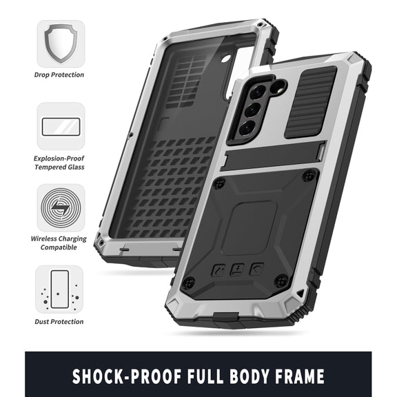 For Samsung Galaxy S21 FE R-JUST Shockproof Water-resistant Dust-proof Metal + Silicone Protective Case with Holder(Silver)