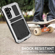 For Samsung Galaxy S21 FE R-JUST Shockproof Water-resistant Dust-proof Metal + Silicone Protective Case with Holder(Silver)