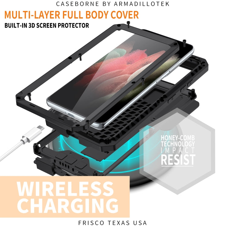 For Samsung Galaxy S21 Ultra 5G R-JUST Sliding Lens Cover Shockproof Dustproof Water-resistant Metal + Silicone Case with Invisible Holder(Black)