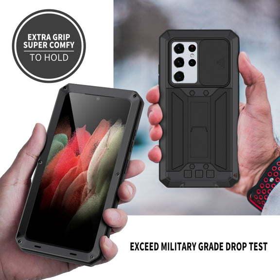 For Samsung Galaxy S21 Ultra 5G R-JUST Sliding Lens Cover Shockproof Dustproof Water-resistant Metal + Silicone Case with Invisible Holder(Black)