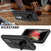 For Samsung Galaxy S21 Ultra 5G R-JUST Sliding Lens Cover Shockproof Dustproof Water-resistant Metal + Silicone Case with Invisible Holder(Black)