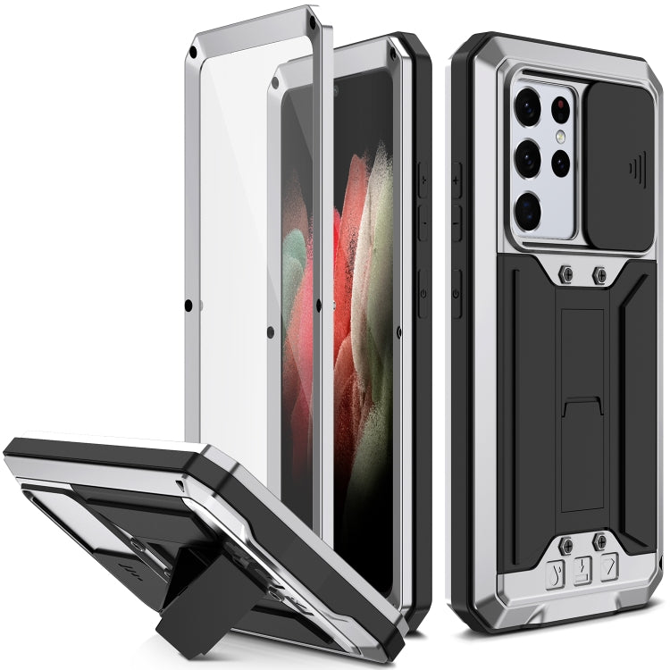 For Samsung Galaxy S21 Ultra 5G R-JUST Sliding Lens Cover Shockproof Dustproof Water-resistant Metal + Silicone Case with Invisible Holder(Silver)