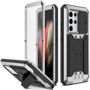 For Samsung Galaxy S21 Ultra 5G R-JUST Sliding Lens Cover Shockproof Dustproof Water-resistant Metal + Silicone Case with Invisible Holder(Silver)