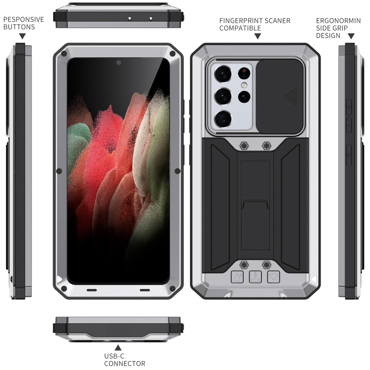 For Samsung Galaxy S21 Ultra 5G R-JUST Sliding Lens Cover Shockproof Dustproof Water-resistant Metal + Silicone Case with Invisible Holder(Silver)