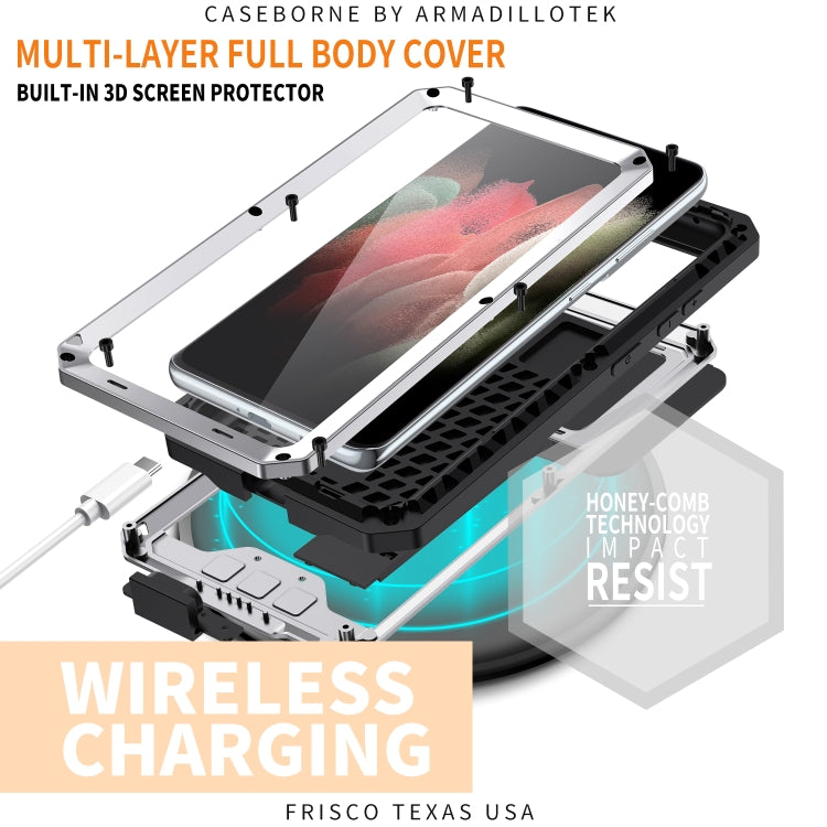 For Samsung Galaxy S21 Ultra 5G R-JUST Sliding Lens Cover Shockproof Dustproof Water-resistant Metal + Silicone Case with Invisible Holder(Silver)