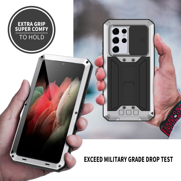 For Samsung Galaxy S21 Ultra 5G R-JUST Sliding Lens Cover Shockproof Dustproof Water-resistant Metal + Silicone Case with Invisible Holder(Silver)