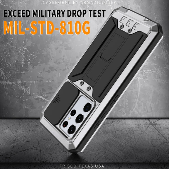 For Samsung Galaxy S21 Ultra 5G R-JUST Sliding Lens Cover Shockproof Dustproof Water-resistant Metal + Silicone Case with Invisible Holder(Silver)