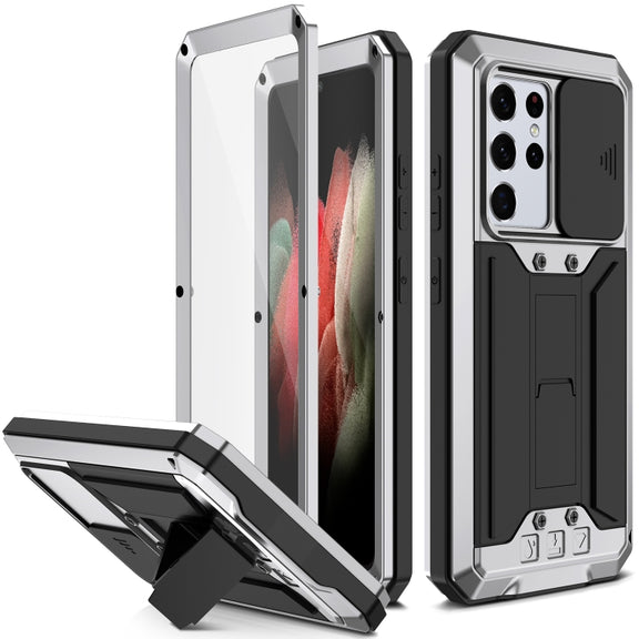 For Samsung Galaxy S21 Ultra 5G R-JUST Sliding Lens Cover Shockproof Dustproof Water-resistant Metal + Silicone Case with Invisible Holder(Silver)