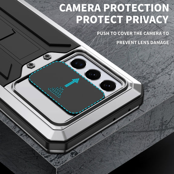 For Samsung Galaxy S21 Ultra 5G R-JUST Sliding Lens Cover Shockproof Dustproof Water-resistant Metal + Silicone Case with Invisible Holder(Silver)