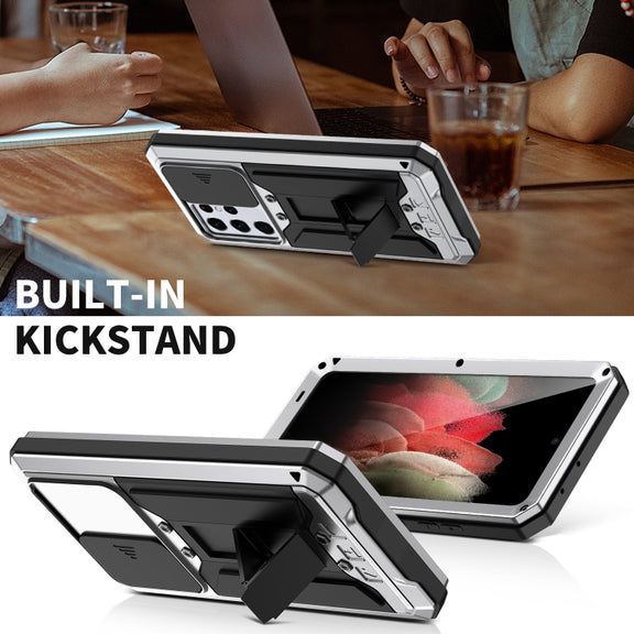 For Samsung Galaxy S21 Ultra 5G R-JUST Sliding Lens Cover Shockproof Dustproof Water-resistant Metal + Silicone Case with Invisible Holder(Silver)