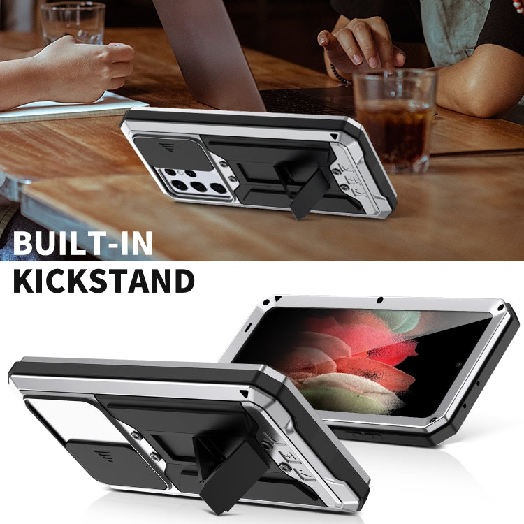 For Samsung Galaxy S21 Ultra 5G R-JUST Sliding Lens Cover Shockproof Dustproof Water-resistant Metal + Silicone Case with Invisible Holder(Silver)