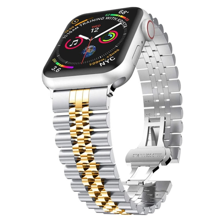 Man Five Beads Stainless Steel Watch Band, Width: 22mm For Apple Watch Series 9&8&7 41mm / SE 3&SE 2&6&SE&5&4 40mm / 3&2&1 38mm(Silver + Gold) - Watch Bands by PMC TechLife | Online Shopping South Africa | PMC TechLife | Buy Now Pay Later Mobicred