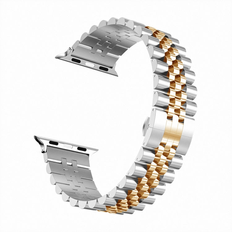 Man Five Beads Stainless Steel Watch Band, Width: 22mm For Apple Watch Series 9&8&7 41mm / SE 3&SE 2&6&SE&5&4 40mm / 3&2&1 38mm(Silver + Gold) - Watch Bands by PMC TechLife | Online Shopping South Africa | PMC TechLife | Buy Now Pay Later Mobicred