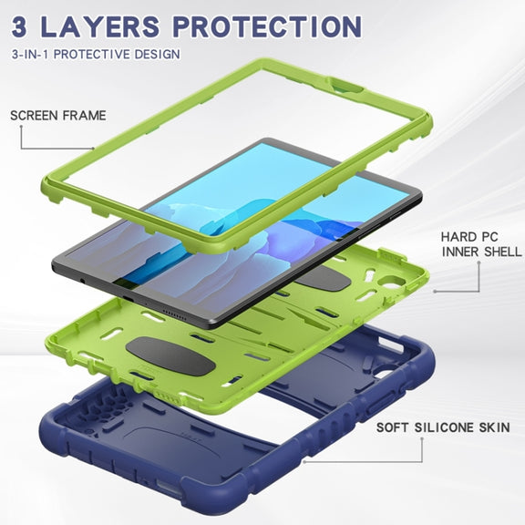 For Samsung Galaxy Tab A7 Lite 8.7 inch 2021 3-Layer Protection Screen Frame + PC + Silicone Shockproof Combination Case with Holder(NavyBlue+Lime)