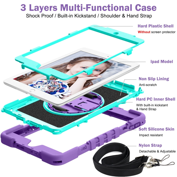 360 Degree Rotation Contrast Color Shockproof Silicone + PC Case with Holder & Hand Grip Strap & Shoulder Strap For iPad mini (2019) / 4(Purple+Mint Green)