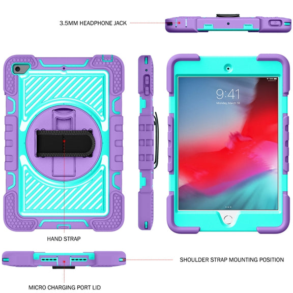 360 Degree Rotation Contrast Color Shockproof Silicone + PC Case with Holder & Hand Grip Strap & Shoulder Strap For iPad mini (2019) / 4(Purple+Mint Green)