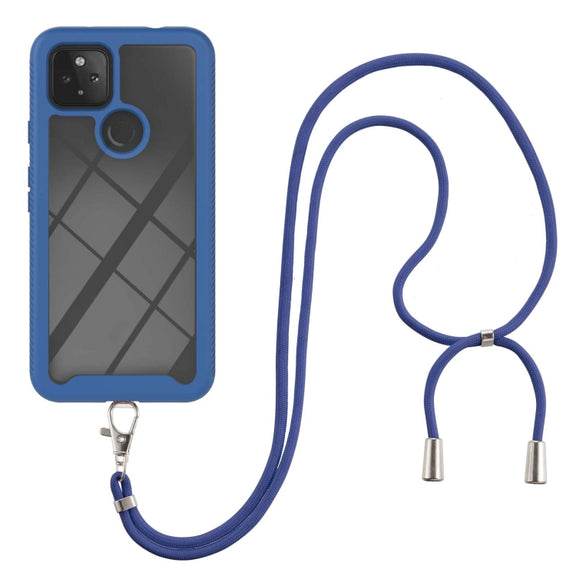 For Google Pixel 5A 5G Starry Sky Solid Color Series Shockproof PC + TPU Protective Case with Neck Strap(Blue)