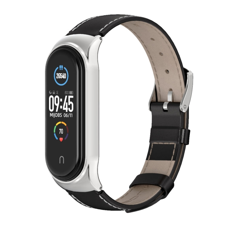 For Xiaomi Mi Band 6 / 5 / 4 / 3 Mijobs CS First Layer Cowhide Watch Band(Black + Silver) - Watch Bands by MIJOBS