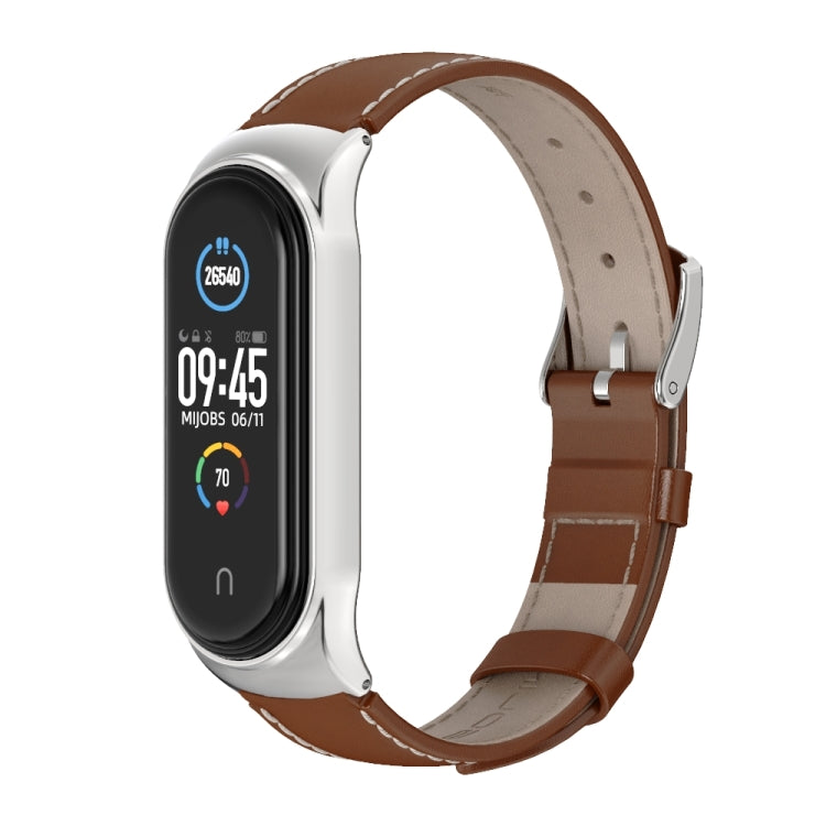 For Xiaomi Mi Band 6 / 5 / 4 / 3 Mijobs CS First Layer Cowhide Watch Band(Brown + Silver) - Watch Bands by MIJOBS | Online Shopping South Africa | PMC TechLife | Buy Now Pay Later Mobicred