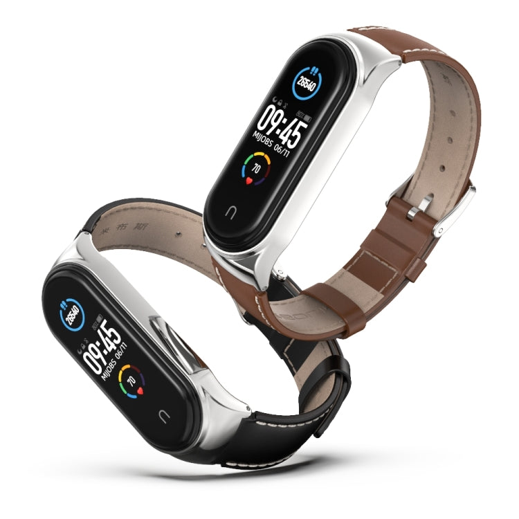 For Xiaomi Mi Band 6 / 5 / 4 / 3 Mijobs CS First Layer Cowhide Watch Band(Brown + Silver) - Watch Bands by MIJOBS | Online Shopping South Africa | PMC TechLife | Buy Now Pay Later Mobicred