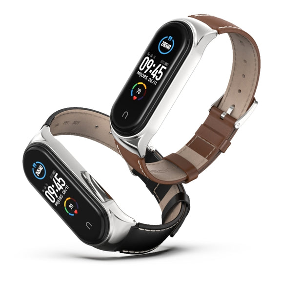 For Xiaomi Mi Band 6 / 5 / 4 / 3 Mijobs CS First Layer Cowhide Watch Band(Black + Silver) - Watch Bands by MIJOBS