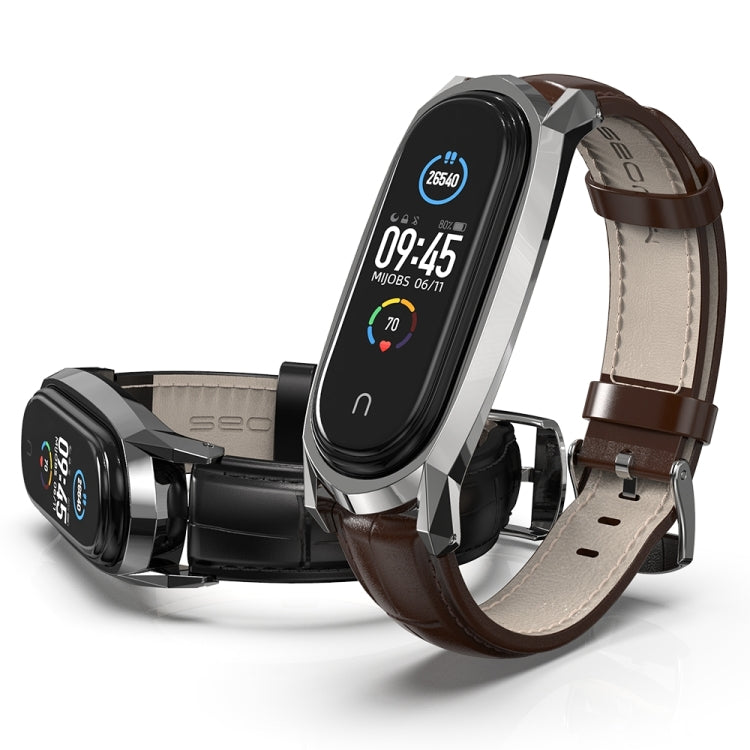 For Xiaomi Mi Band 6 / 5 / 4 / 3 Mijobs GT First Layer Cowhide Watch Band(Bamboo Joint Coffee+Gold) - Watch Bands by MIJOBS
