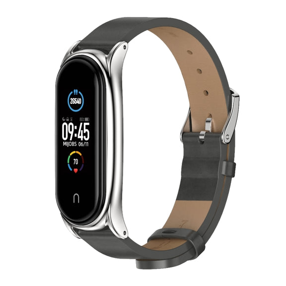 For Xiaomi Mi Band 6 / 5 / 4 / 3 Mijobs Metal Case Crazy Horse Texture PU Microfiber Plus Watch Band(Gray Silver)